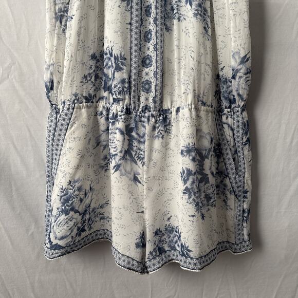 Joie Womens L Boho 100% Silk Blue Floral Sheer Lined Halter Romper Beach Cottage - Picture 4 of 12